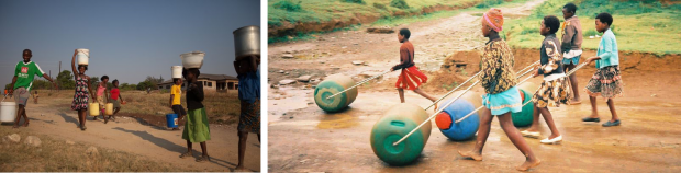 Egyszerű megoldás a vízhordásra Afrikában guruló hordókban (jobb oldali kép) , a fizikailag megterhelő fejen hordás helyett (bal oldali kép)